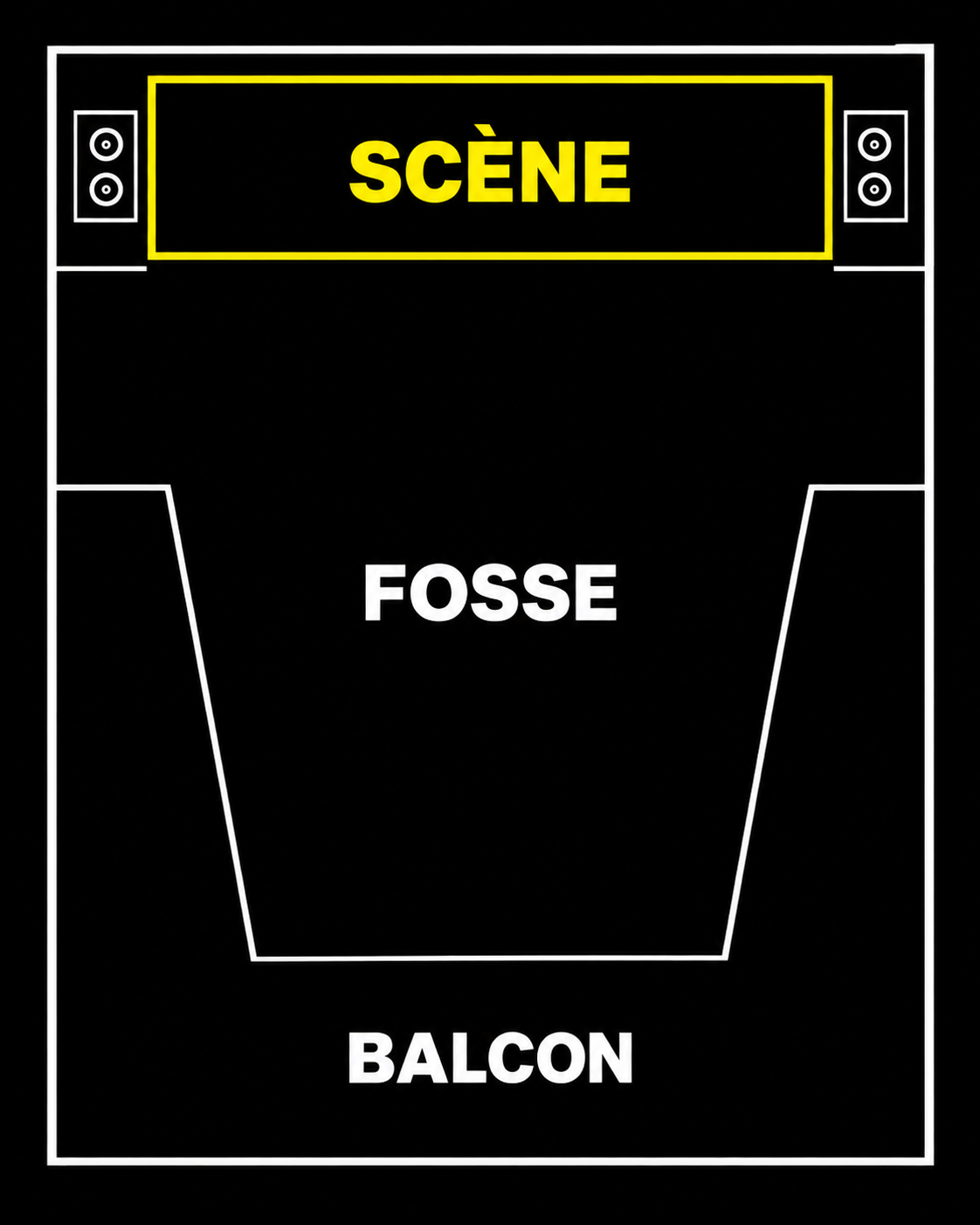 Plan de la salle avec scène, fosse et balcon